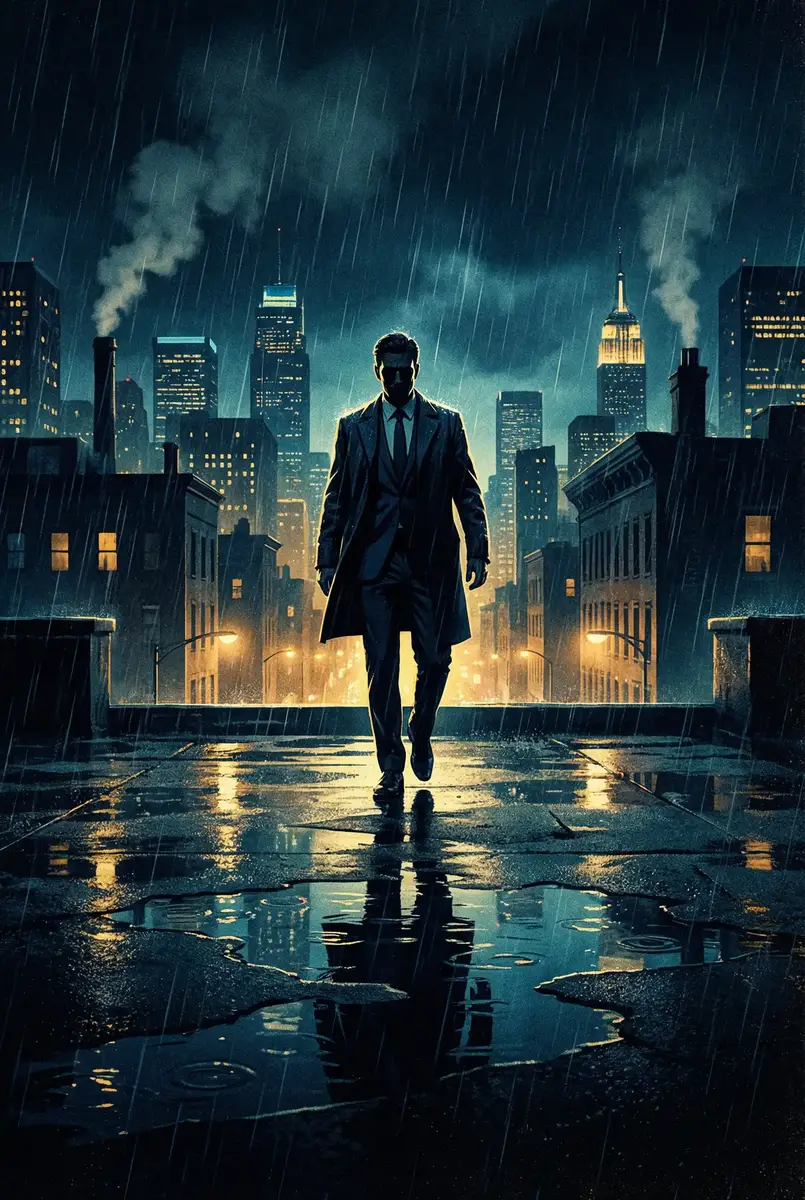 理财通规模 出品影片《雨夜独行者》海报，雨中城市屋顶男性剪影